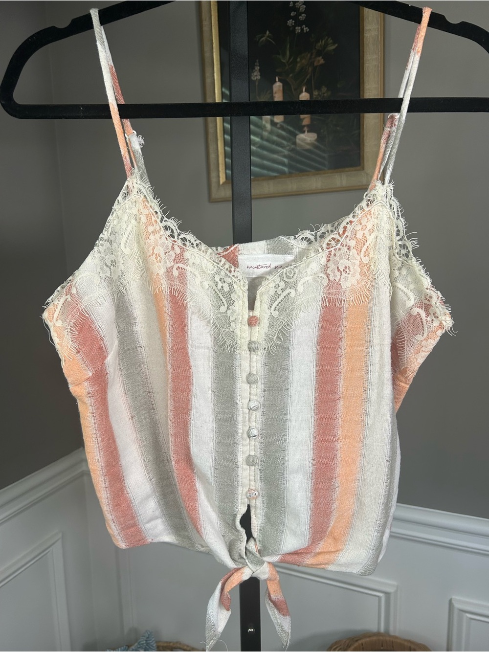 Mustard Seed Striped Lace-Trim Tie-Front Cami - White, Peach & Light Green